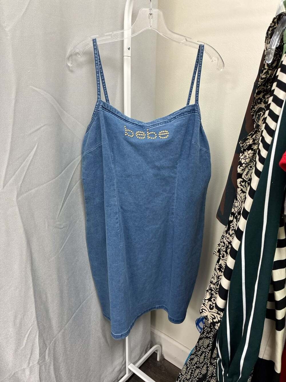bebe Denim Dress Size XL Medium Wash Rhinestone Logo